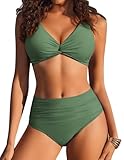 AI'MAGE Bikini Damen Set Bauchweg Neckholder Zweiteiliger Badeanzug Swimsuit Armee Grün L