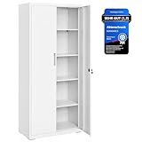 SONGMICS Aktenschrank, Mehrzweckschrank, Stahl-Aufbewahrungsschrank, 5 Ebenen, Doppeltüren, Schloss, Werkzeugschrank, verstellbare Ablagen, Garage, Büro, Wohnzimmer, weiß OMC015W01