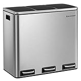SONGMICS Mülleimer Küche, 3 x 18 L, Mülltrennsystem 3 Fächer, inklusive 15 Müllbeutel, Abfalleimer, Treteimer, für recycelbare Abfälle, Biomüll, mit Deckel, metallicsilber-tintenschwarz LTB54NL