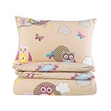 Kinder Baby Bettwäsche Set für Mädchen und Jungen | 100x135 cm + 40x60 cm | 100% Baumwolle Renforcé | Reißverschluss | Eule |Creme – beige