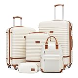 COOLIFE Koffer Trolley Koffer Reisekoffer von ABS Hartschalen Trolley 4 Rollen TSA-Schloss Der Koffer Enthält 1 Reiserucksack und 1 Kulturbeutel (Weiß/Braun, Koffer-Set 5tlg)