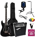 ELEKTROGITARRE SCHWARZ - E-GITARRE SET - 20WATT VERSTÄRKER - STIMMGERÄT - GITARRENSTÄNDER - TASCHE - BAND - SAITEN - 3xPLEKS - 9-TEILIG