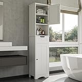 Bealife Hochschrank Badezimmer, 170x40x30cm Badschrank mit verstellbaren Regalen, Badezimmerschrank mit offenem Fach, Schublade und Türen für Badezimmer, Wohnzimmer, Schlafzimmer - Weiß