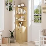 Lvhcmfohm Bücherregal Holz, Modernes Eckregal Stehend mit Aufbewahrung, 3 Offene Regale Eck-Bücherschrank mit 1 Schublade und 1 Schrank mit Türen, Aufbewahrungsregal für Eckraum, 38x38x161cm, Holz