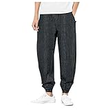 KUKICATAT Cargo-Hose, Herren, Baumwolle, Leinen, große Größe, gestreift, breiter Schnitt, lässig, leicht, komfortabel, atmungsaktiv Gr. M, Schwarz