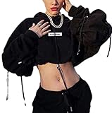 Madger Y2K-Sweatshirt für Damen und Mädchen, mit Kordelzug, lockere Passform, lange Ärmel, Streetwear, Schwarz , 42