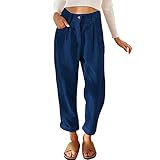 Hose Damen Sommer Loose Fit Stretch Caprihose Straight Leg Damen Hosen Sommer Weites Bein Hohe Taille Elastische 3/4 Sommerhose Locker Mit Taschen Lässige Leinenhose
