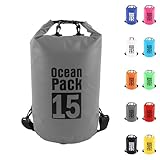 15L Grau Wasserdichte Tasche, Dry Bag 2L/5L/10L/15L/20L/30L mit Verstellbarem Gurt, Schützt Telefon/Karte, Roll Top Wasserdichter Beutel Rucksack für Schwimmen/Rafting/Kajak/Bootfahren/Camping/Strand