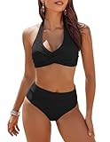 AI'MAGE Damen Bikini Set V-Ausschnitt Neckholder Wickeloptik High Waist Bademode Blumenmuster Zweiteiliger Badeanzug, Schwarz, L