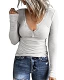 APOFER Damen Langarm Tunika Shirts Druckknopf Slim Fit Tops U-Ausschnitt Rippstrick Henley Shirts, Weiss/opulenter Garten, X-Large