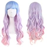 Colorfulpanda Lang Cosplay Perücke, Lockig Damen Perücke mit Perücke-Kappe, Blond Blau Lila Rosa Perücken für Frauen Karneval Halloween Fasching Kostüme Party,Bunt Farbe