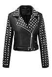 Giolshon Damen Motorradjacke aus Lederimitat mit Nieten lässig kurz Moto-Biker-Mantel Herbst-Outfits modische Kleidung 2024 3221 Schwarz L