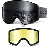 Odoland Skibrille für Damen und Herren Jungen Ski Goggles Anti-Fog UV-Schutz mit Magnetische Wechselglas Snowboardbrille Helmkompatible zum Snowboard Skifahren Schwarz
