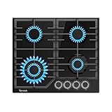 TOPWISH Gaskochfeld 4 flammig, Einbau Gaskochfeld 60cm, Gaskochfelder mit weiße beleuchteter Drehknopf, ghärtetes Glas-Gaskochfeld, NG/LPG Konvertierbar, Automatischer Thermoelementschutz,8000 Watt