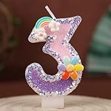 Kerze 3 Jahr Mädchen & Junge, Geburtstagskerze 3,Dekorative Zahlenkerze mit Blume und Regenbogen, Kerzen Geburtstag Kinder, Tortendeko Kuchen Deko, Geburtsagskerzen Kinder
