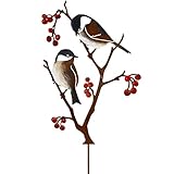 Vogel Gartenstecker 60 cm Hoch Bemalte Vogel Gartendeko für Draußen, Metall Meisen und Beeren Outdoor Gartenfiguren