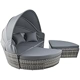VONLUCE 4-teilige Sonneninsel mit Faltbarem Sonnendach Regencover Sonnenliege Rattanmöbel inkl. Kissen und Auflagen Gartenliege Polyrattan-Lounge Sunbed Gartenmuschel Gartenmöbel, Grau
