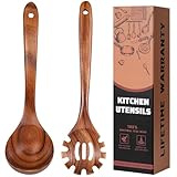 KPWEPK Nudelgabel und Schöpflöffel-Set – 2 Stück, natürliches Teakholz, antihaftbeschichtet, Küchenutensilien zum Kochen, Servieren von Nudeln, Suppe, Soße