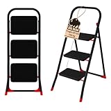 BigDean Trittleiter 3 Stufen klappbar Schwarz/Rot TÜV geprüfte Sicherheit Leiter bis 150 kg belastbar Tritt klappbar Haushaltsleiter Leiter 3 Stufen