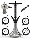 NOBLE HOOKAH Shisha Set 4 Anschlüsse Mit Lederbesatz Shisha Kopf XL Shisha 4 Schlauch aus Aluminiumrohr,Ausgestattet mit 4 Silikonschläuchen und Griff