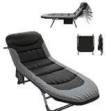 JHYCCDD Feldbett Klappbar, Campingbett mit Kopfstütze, Seitentasche, Karpfenliege 190 x 65 x 30 cm bis 150 kg Belastbar, Campingliege Verstellbar Rückenlehne für Camping, Draußen, Drinnen (Schwarz)
