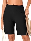 FitsT4 Sports Damen Badehose 9' Badeshorts Schwimmhose Hohe Taille Schnell Trocknend Sport Shorts Bikini Shorts UPF50+ Schutz mit Innenslip und Taschen SchwarzL