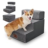 Sytopia hundetreppe 40 cm hoch 3 Stufen, Hundetreppe für Bett Sofa für Kleine Hunde, Haustiertreppe waschbar, Schaumstoff Treppe, für verletzte ältere Hunde (34cm Höhe, Grau)