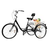 Tenddya 24 Zoll Dreirad für Erwachsene, 6 Gang 3 Rad Cruiser Fahrrad Lastenfahrrad mit Rückenlehne & Korb, City Einkauffahrrad Justierbares Fahrrad Erwachsene für Outdoor Aktivitäten