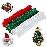 300 Stück Weihnachten Pfeifenreiniger Grün Rot Weiß, Pfeifenputzer Zum Basteln,30cm Chenilledraht,Pipe Cleaner mit Pompoms für Kreative DIY Projekte Weihnachtsdeko
