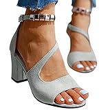 Sommer Sandalen Damen mit Absatz Mode Einfarbig Sommerschuhe Schnalle High Heels Strandschuhe mit Blockabsatz Elegant Abendschuhe Peep Toe Plateau Frauen Schuhe Sneaker Damen Hausschuhe