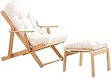 Relaxsessel Zero Gravity Stuhl aus Holz, klappbar, 3-Winkel verstellbar, faltbar, Relaxsessel, Balkonstuhl, Gartenstuhl für den Außenbereich, Sonnenliege mit Kissen und Fußstütze (weiß