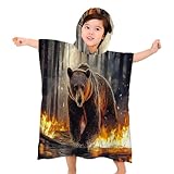Grizzlybär Poncho Surf Handtuch für Kinder, Mikrofaser mit Kapuze, Surrealismus Strandtuch Poncho Bademantel – Perfekt für Schwimmen, Baden, Urlaub, Reisen and Camping – Rote Flamme