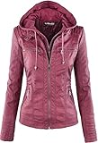 Newbestyle Damen-Jacke mit Kapuze, Kunstleder, für Motorrad, Mantel Gr. 38, Burgunderrot