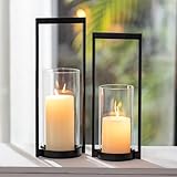 Sziqiqi Windlicht Kerzenständer Schwarz Deko: Modern Kerzenhalter Stumpenkerzen Metall mit Glaszylinder Tischdeko - Windlichter Glas Geometrisch für Wohnzimmer Fensterbank Outdoor Draußen