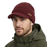 TOP-EX Herren mütze Merino Wollmütze Damen Beanie mit Schirm Wintermütze Warm Strickmütze mit Fleecefutter hat Wasserdicht Winddicht Wolle hat Fahrrad Ski Outdoor große Köpfe XL XXL Burgunderrot