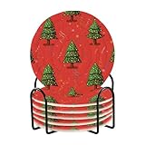 Weihnachtsfeiertags-Design, grüne Getränkeuntersetzer, saugfähige Untersetzer für Tassen, Set mit Halter, 6 Stück, ästhetische Untersetzer