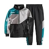 linboo Kinder Jungen Trainingsanzug Farbblock Jogginganzug Freizeitanzug Sport Bekleidungsset 2tlg Sweat-Jacke + Jogginghose Polyester, Grün, 122-128