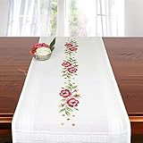 Ernst Schäfer Stickpackung ROTE ROSEN, vorgezeichnetes Kreuzstich Tischläufer Set zum Sticken, Stickset mit Stickvorlage zum Selbersticken, Weiß, 40 x 100 cm
