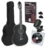 Juan Miguel Navarrez Konzertgitarre, klassische Gitarre, 4/4 schwarz, Starter Set (inkl. Tasche, Plektren, Buch mit CD, Stimmgerät)