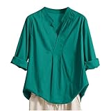 Narnhuci Musselin Bluse Damen V Ausschnitt Leinenbluse Roll Up 3/4 Ärmel Blusenshirt Einfarbig Oberteile Loose Fitted T Shirts Modische Leinenshirt Baumwoll Leinenimitat Damenbluse Dünne Blusen
