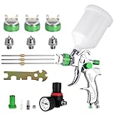 HVLP Lackierpistole Spritzpistole 3 Düsen 1,4mm 1,7mm 2,0mm Profi Farbsprühsystem Spraypistole mit 600 ml Plastikbecher Mit Luftdruckregler für Auto-Autodetail-Lackierung (Grün)