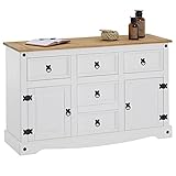 Sideboard Campo, Kommode Kiefer massiv, weiß lasiert, 5 Schubladen und 2 Türen