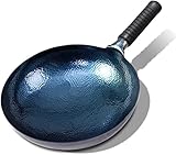AVEEWA Gusseisenpfannen, traditionelle gehämmerte Woks & Wok-Pfannen mit Antihaftbeschichtung und rundem Boden, vorbehandelt, ohne Beschichtung, Eisen-Wok-34cm