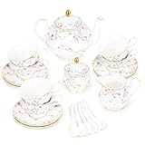 fanquare Rosa Blumen und Reben Teeservice am Nachmittag, 21 Stück Britisches Porzellan Teekannen-Set, Vintage Hochzeit Party Kaffee Set, Erwachsene Teeservice für 6 Personen