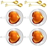 Cappuccino Tassen 240ml, 4er Set Doppelwandige Kaffeegläser mit Henkel & Löffel, Espressotassen Kaffeetassen Teegläser, Herz Tasse Latte Macchiato Gläser für Kaffee Latte Cappuccino Tee Milch Saft