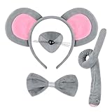 PcvGef Maus Kostüm 4-teiliges Set, Maus Ohren Haarspange Fliege Nase Schwanz, Mausohren Haarreifen Tier Kostüm Zubehör für Kinder und Erwachsene, Halloween Party Verkleidung Karneval Rollenspiel