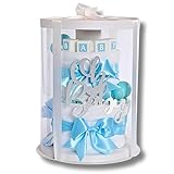 limely©, Windeltorte, Geschenk zur Geburt – Premium Geschenkset mit 16 Pampers Windeln, Bio Mullwindeln, Baby Söckchen, Grußkarte & Geschenkverpackung – Tolles Geschenk für Babyparty (Blau)