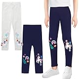 JinBei Mädchen Leggings 2er-Pack Baumwolle Lange Hosen Elastisch Atmungsaktiver Grau-Dunkelblau Sportleggins mit Stickerei Pferde Blätter-Muster Kinder Sporthose Aktivkleidung, GR. 104-110
