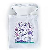 Generisch Kitsune Niedlicher Japanischer Fuchs mit Maske Jutebeutel aus Baumwolle mit handgemalten Motiv 39cmx34cm in Anime Comic Stil Pastelfarben Shoppertasche Unisex Fashion Tasche