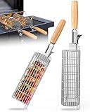Rollendes Grillkorb Set, Grill zubehör mit abnehmbarer Holzgriff, Edelstahl 304, GrillZubehör für Outdoor-Grill, Gemüse, Fleisch und Meeresfrüchte am Außengril, Geschenke für Männer